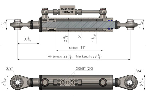 Technical drawing of Hydraulic Top Link Cat 1 With Locking Block And Two Hoses Adjustable Length From Twenty Two And One Eighth Inches To Thirty Three And One Eighth Inches Eye To Eye Built To Last Farm Tractor Implement Accessory.