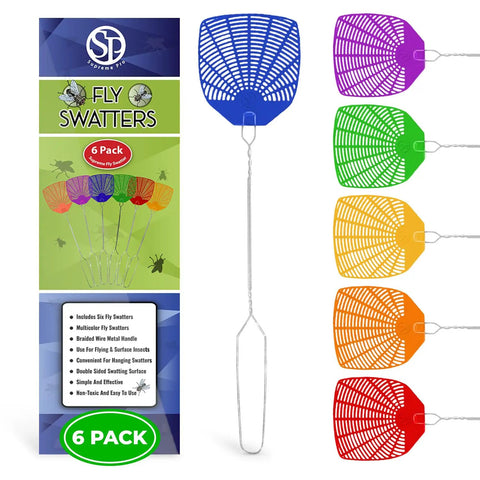 Bug And Fly Swatter 6 Pack With Braided Metal Handles, colorful set showing blue swatter and product packaging