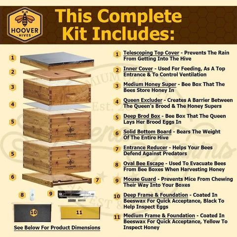 Exploded view of Wax Coated Beehive Kit with 2 Deep Brood Boxes, Medium Super, Langstroth Frames and CellTech Foundations components.