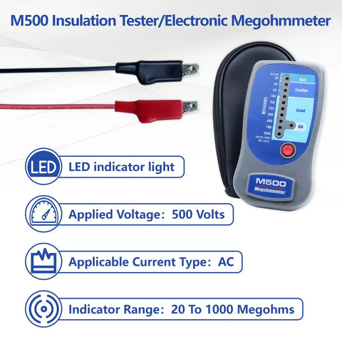 Pro Grade Insulation Tester Megohmmeter for HVAC and Electrical Systems, 1000 Megohms at 500 Volts, with cables and case