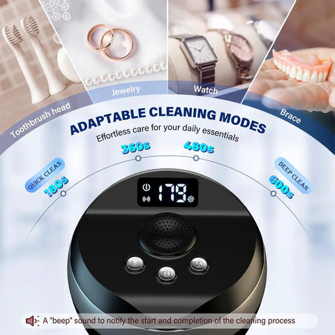 All In One Ultrasonic Retainer Cleaner For Mouthguards Aligners Braces Night Guards And Dental Appliances 200 ML 45KHz With Four Cleaning Modes Easy Clean For Rings Jewelry Cleaner Includes Cleaning Pod And Basket, black unit with digital display