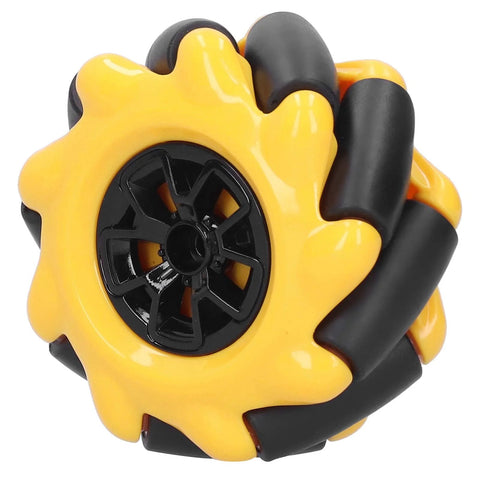 60mm Mecanum wheel set, close-up view, yellow with black center, omni wheels for smart robot cars (2 pairs)