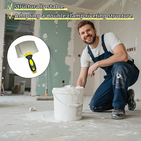 Curved Plastering Trowel With Stainless Steel Arc Blade For Drywall Spackle And Putty Applications in construction setting.