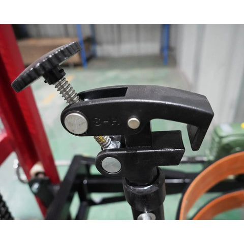 Close-up of the adjustable clamp on the Heavy Duty Drum Lifter And Rotator Tool for 55 Gallon Steel Or Plastic Barrels.