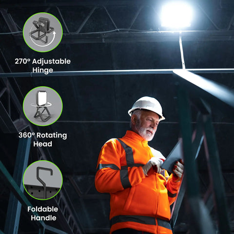 Worker using Ultra Bright 2000 Lumen Portable LED Work Light With 3 White Light Modes for workshop, highlighting adjustable hinge and handle.