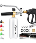 Foam Cannon Dual Connector Accessory For Pressure Washer Kit with dual connector, adjustable nozzles, and 5 sprayer tips displayed.