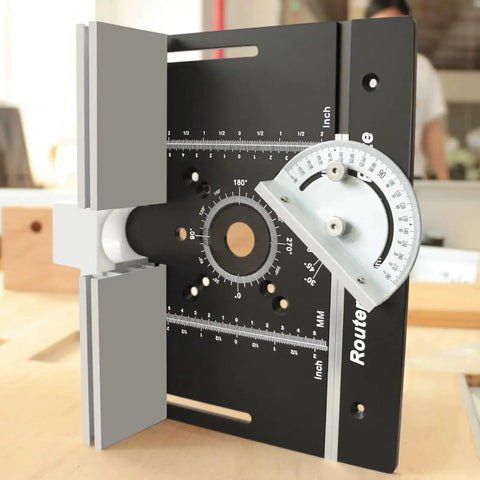 Built Tough Anodized Aluminum Router Insert Plate With Dead On Miter Grooves showing angle measurement scale and adjustment features.