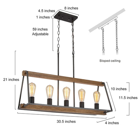 Farmhouse Vibe 5-Light Chandelier For Dining Room And Kitchen Island, Rustic Metal Frame With Open Cage Design, dimensions shown