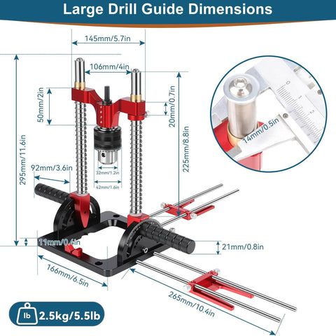 Upgraded Portable Drill Guide For Precise Straight Holes, Adjustable From Zero To Sixty Degrees, dimension illustration