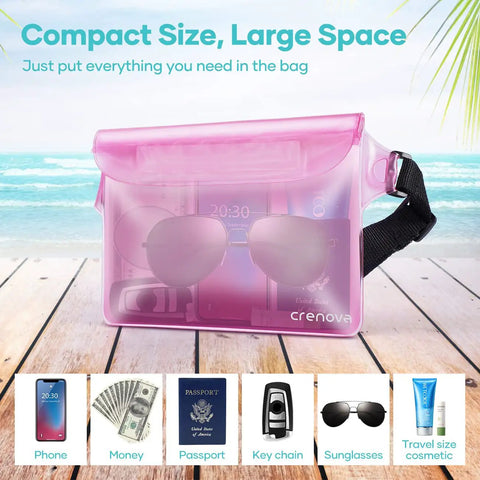 Waterproof Fanny Pack For Women With Sandproof Dry Bag Pouch, pink, showing sunglasses, passport, and phone at beach
