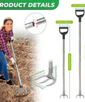 Woman using Pro Grade Garden Hoe With 77 Inch Adjustable Handle for heavy duty weeding and cultivating in soil.