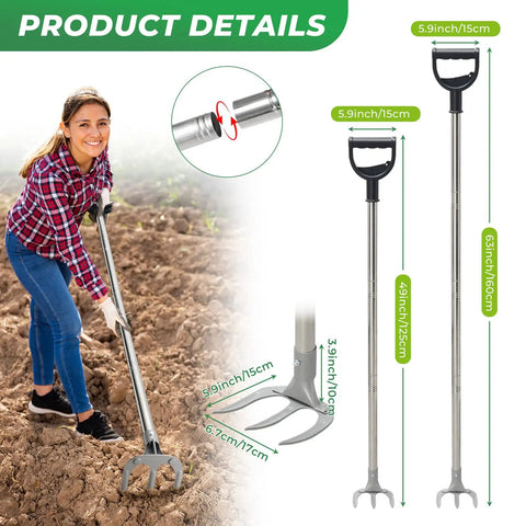 Woman using Pro Grade Garden Hoe With 77 Inch Adjustable Handle for heavy duty weeding and cultivating in soil.