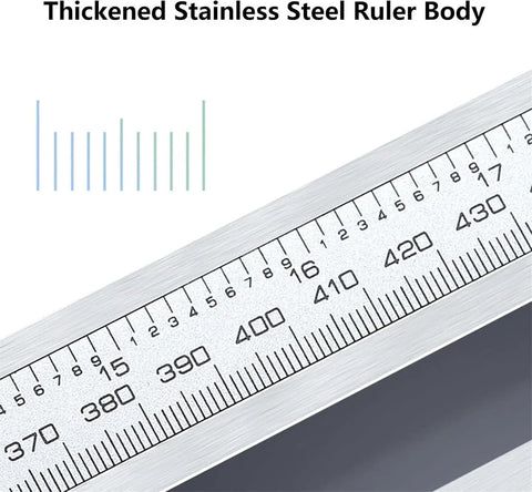 Close-up of Digital Caliper 0-800mm/31.5 Inch Long Jaw Measuring Tool, Stainless Steel body with ruler markings.
