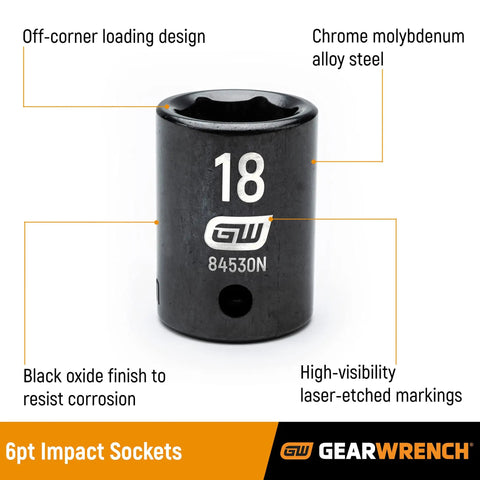 18 Piece Deep Metric Impact Socket Set for One Half Inch Drive, Off Corner Loading to Prevent Rounding, Black Oxide Finish
