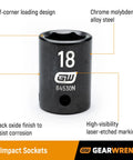 Product image showing a 6pt impact socket with off-corner loading, chrome molybdenum steel, part of the 28 Piece One Quarter Inch Drive Six Point Impact Socket Set Metric Standard And Deep Sockets Off Corner Loading Manganese Phosphate Finish Built For Pros.