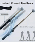 Retractable Golf Swing Trainer With Click Feedback Posture Correction Arm Band And Grip Trainer Portable Indoor Outdoor Swing Aid For Right Handed Players To Boost Tempo Speed And Mechanics, showing an extendable golf swing trainer with grip and two positions for feedback