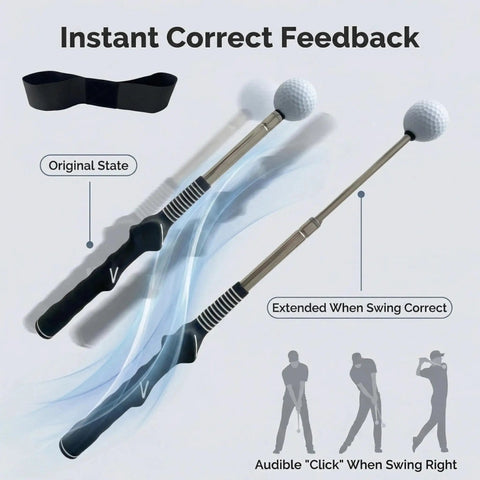 Retractable Golf Swing Trainer With Click Feedback Posture Correction Arm Band And Grip Trainer Portable Indoor Outdoor Swing Aid For Right Handed Players To Boost Tempo Speed And Mechanics, showing an extendable golf swing trainer with grip and two positions for feedback