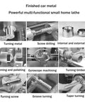 Mini benchtop metal lathe with 3-jaw chuck; shows turning, drilling, threading, polishing, groove and taper turning.