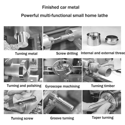 Image showcasing operations of Awesome 8X14 Mini Metal Lathe Machine With High Precision Spindle For Turning Threading And Drilling.