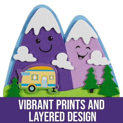 Mountain Magnet Craft Kit Go Explore Adventure Awaits with purple mountains, green forest, colorful RV for kids crafts.