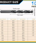 Rock Solid M2 High Speed Steel Drill Bit Set 10 Pack Sizes 1mm to 10mm With 135 Degree Split Point Black Oxide Finish For Tough Metal And Wood Projects, size chart