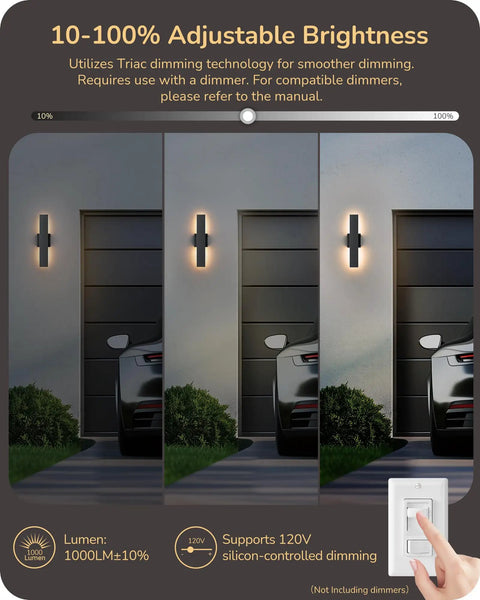 Top Shelf Led Outdoor Wall Lights Modern Black Finish 3 Color Temperature Adjustable Backlit Patio Sconces Pack Of Two showcasing adjustable brightness settings.