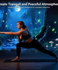 Woman doing yoga pose in forest setting with luminous foliage and moonlight atmosphere