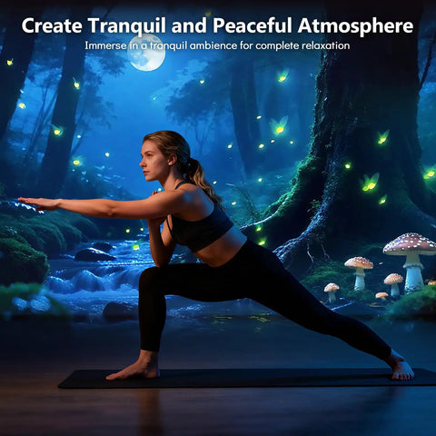 Woman doing yoga pose in forest setting with luminous foliage and moonlight atmosphere