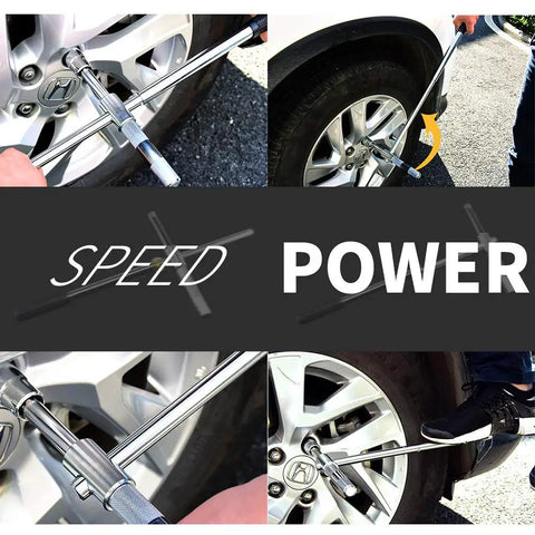 Telescoping 23 Inch Universal Lug Wrench 4 Way Tire Iron Nut Wrench Set in use on car tire for lug nut removal