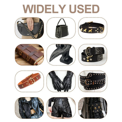 Various leather items with rivets from Pro-Grade Leather Rivets Kit With 480 Pieces In 3 Sizes And 4 Colors, Perfect For DIY Crafts.