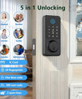 Keyless Entry Door Lock With Fingerprint And Touchscreen Keypad That Really Locks It Down Five Ways To Unlock Including App Control IC Card Passcode And Backup Key Electronic Deadbolt For Home Office And Hotel installed on a door.