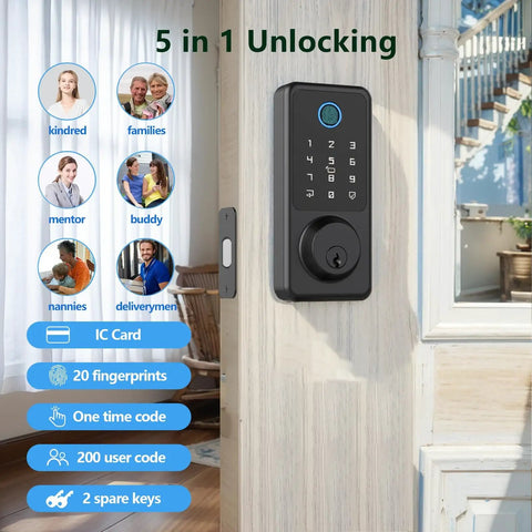 Keyless Entry Door Lock With Fingerprint And Touchscreen Keypad That Really Locks It Down Five Ways To Unlock Including App Control IC Card Passcode And Backup Key Electronic Deadbolt For Home Office And Hotel installed on a door.