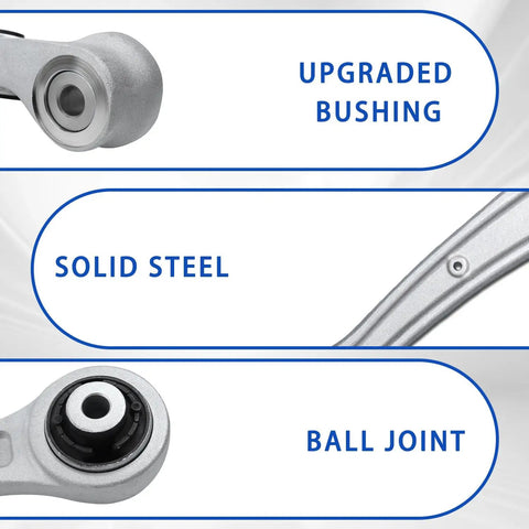Beefed Up Suspension Front Lower Forward Control Arm Pair For Audi A4 A5 A6 S4 S5 RS5 RS7 Q5 SQ5 Allroad A7 And Porsche Macan 23.5mm Replacement Upgrade Kit showing upgraded bushing, solid steel, and ball joint details.