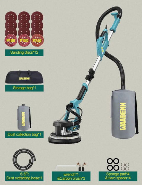 Drywall Sander With Vacuum And LED Light 5 Speed Settings 900 To 1800 RPM Foldable Retractable Head Dust Bag Hose Sandpapers