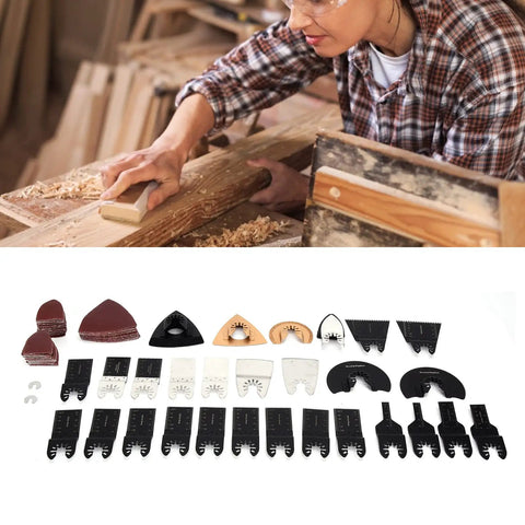 Heavy Duty Oscillating Tool Blades Kit For Metal Wood And Plastic Built To Last High Carbon Steel Pro Grade Beasts For Quick Clean Cuts Plus Accessories For An All In One Multitool Saw Setup displayed with various blade types and sandpaper applications.
