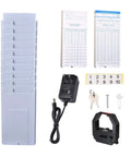 No Sweat Attendance Punch Time Clock With Crisp Lcd Display For Employee Payroll Tracking Plus Automatic Time Sync accessories kit with adapter, paper cards, keys, and time stamp machine.