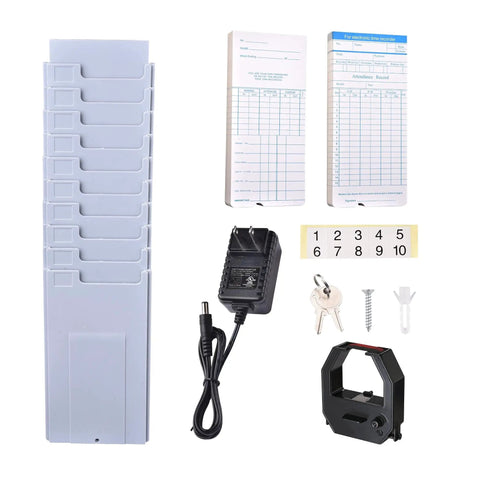 No Sweat Attendance Punch Time Clock With Crisp Lcd Display For Employee Payroll Tracking Plus Automatic Time Sync accessories kit with adapter, paper cards, keys, and time stamp machine.