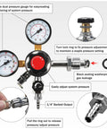 PERA dual-gauge nitrogen regulator for beer; front view with red knob, dual gauges, and 1/4" barbed outlet.