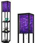 Three In One Floor Lamp With Shelves And USB Ports Power Outlet, Linen Fabric Shade, Corner Standing Light For Living Room, Abstract Stained Glass Mosaic Purple Violet Design, 63 Inch Tall, Space Saving, Eye Friendly Diffused Glow