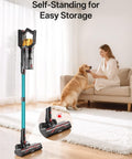 Beast Mode Cordless Vacuum Cleaner With 650W Motor And 55KPa Suction in upright position near woman on sofa with dog