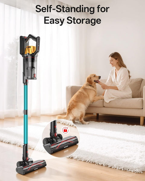 Beast Mode Cordless Vacuum Cleaner With 650W Motor And 55KPa Suction in upright position near woman on sofa with dog