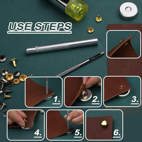 DIY steps using Leather Rivets and Snap Fastener Kit With Tools for DIY Projects Shoes Repair 320 Rivets in Two Sizes 60 Snap Buttons