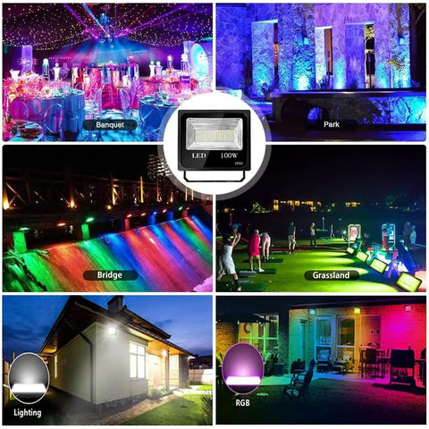 Outdoor RGBW Flood Light With App Control Waterproof 100W LED Color Changing 16 Million Colors Dimmable Daylight White 6000K For Stage Landscape DJ Parties