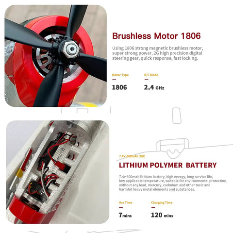 Close-up of brushless motor and lithium polymer battery of Beast 560mm Wingspan P51 Mustang RC Plane With Four Channel Control 3D And 6G Stunt Modes LED Lights Brushless Power Full Function Easy To Fly For Pros And Hobbyists.