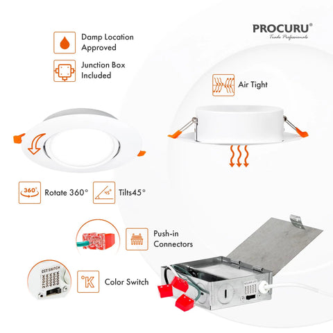 Diagram of 4 Pack 6 Inch Gimbal Recessed LED Downlights With 8 Inch Trim, Air Tight IC Rated with connectors and switch