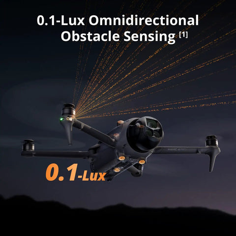 Mavic 4 Pro Drone Creator Bundle With 512GB, 6K60 HDR, 100MP Hasselblad Wide flying at night with 0.1-Lux omnidirectional sensors.