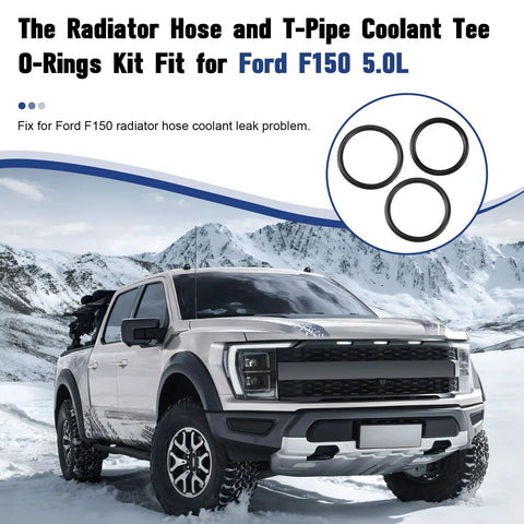 O-ring kit for Ford F-150 5.0L coolant hoses, 3-pack; circular inset shows three black rubber O-rings; Amazon brand.
