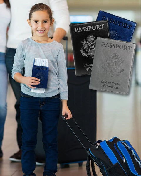 Child holding RFID Blocking Passport Wallet With Card Slots And Document Organizer at airport with navy blue holder shown.
