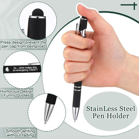 12 Piece Funny Emergency Nurse Pens Bulk Retractable Writers With Killer Hospital Vibes Solid Steel Body And Touchscreen Stylus Tip held in hand