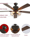 Stunning 52 Inch Retro Industrial Ceiling Fan Featuring Vintage Caged Shades And Five Reversible Solid Wood Blades With Slick Remote Controlled LED Light Kit For A Total Home Glow Up, close-up view showing motor and caged light.